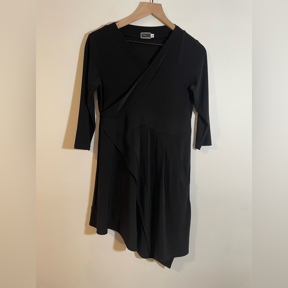 Sympli The Best Cross Wrap Black Asymmetrical Dress 3/4 Sleeve Stretchy Size 8